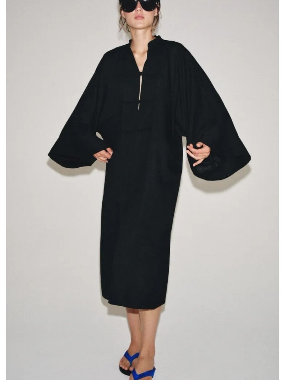 Zara Zw Collec Linen Frog Button Midi Caftan Tunic Voluminous Sleeves Dress - Picture 6 of 11